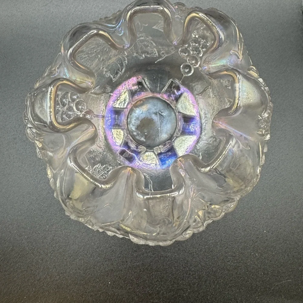 Vintage Dugan Clear Iridescent Carnival Glass Grape Delight Footed Rose Bowl
